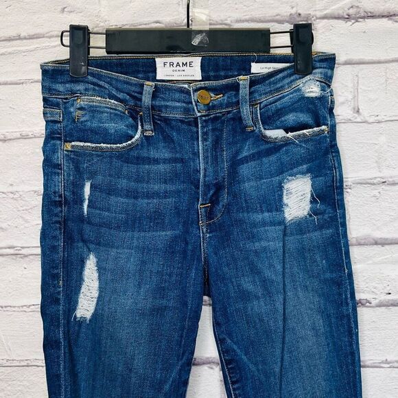 Frame Womens Blue Denim Raw Hem Hilltop Le High Skinny Jeans Medium Wash Size 24 - Picture 3 of 10